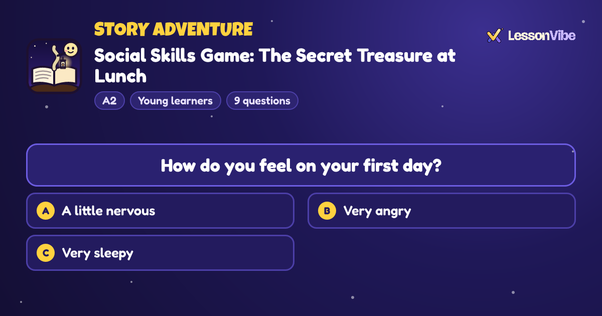Story Adventure: Social Skills Game: The Secret Treasure at Lunch (A2, Young learners, 9 questions)