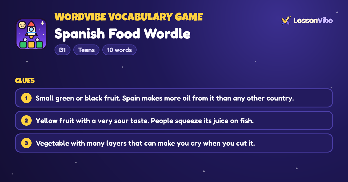 WordVibe Vocabulary Game: Spanish Food Wordle (B1, Teens, 10 words)
