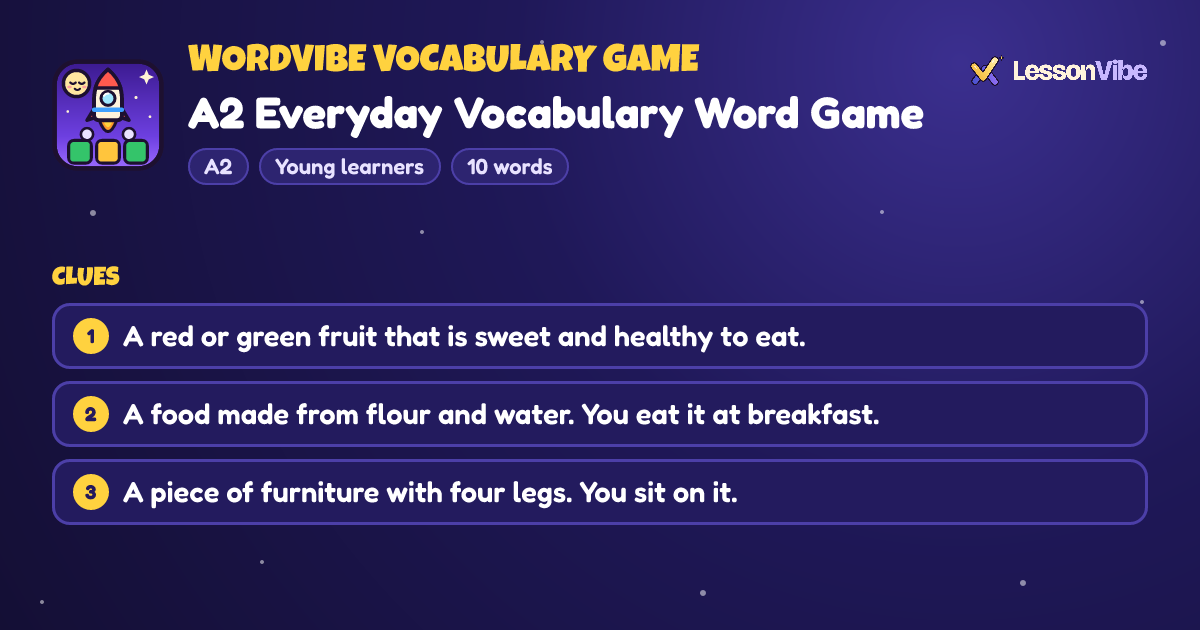 WordVibe Vocabulary Game: A2 Everyday Vocabulary Word Game (A2, Young learners, 10 words)