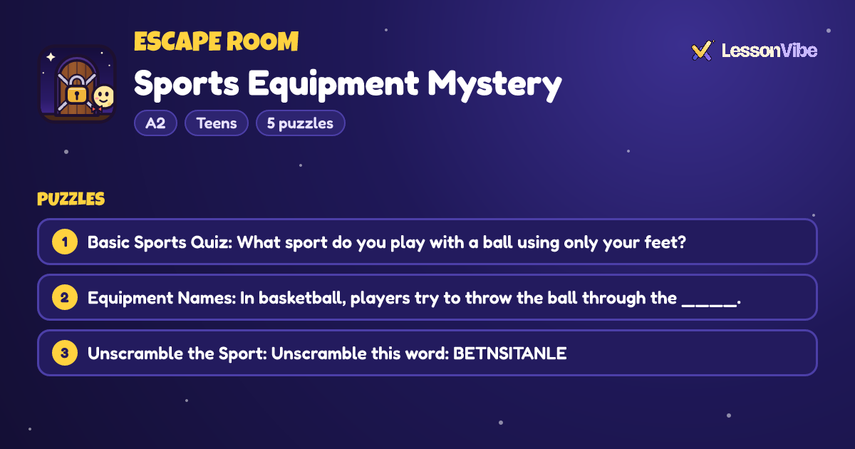 Escape Room: Sports Equipment Mystery (A2, Teens, 5 puzzles)