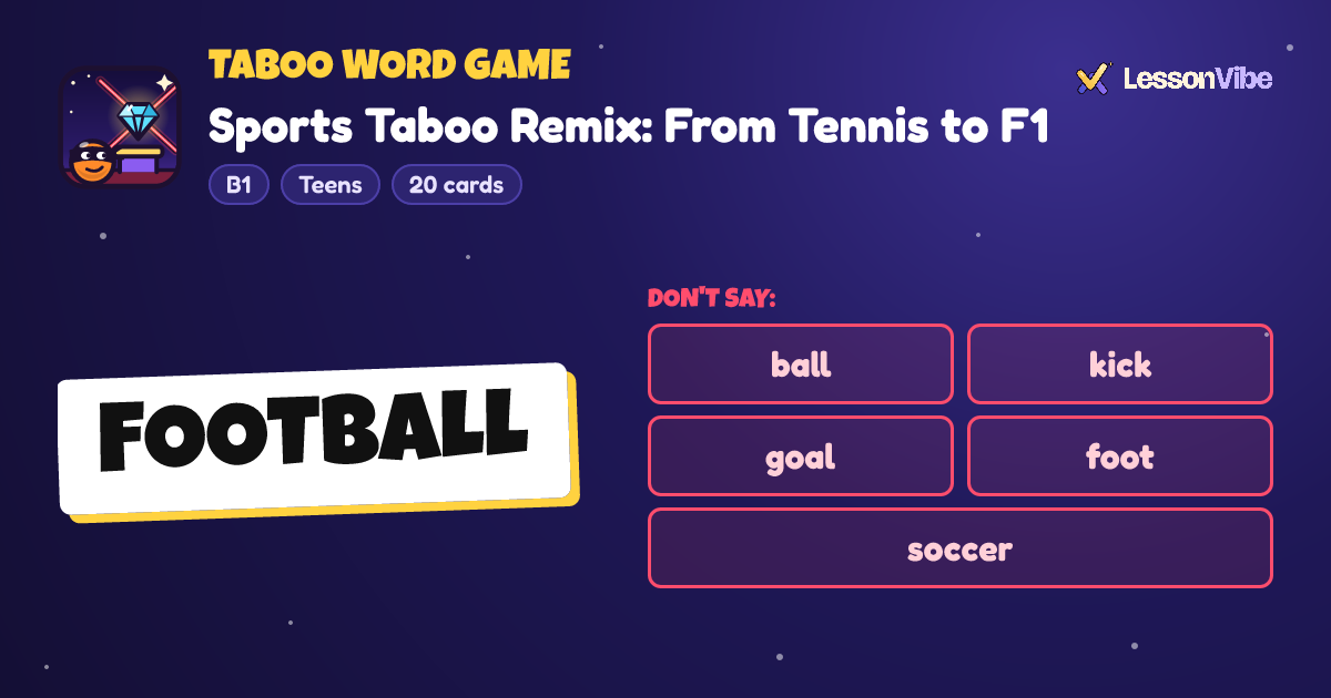 Taboo Word Game: Sports Taboo Remix: From Tennis to F1 (B1, Teens, 20 cards)