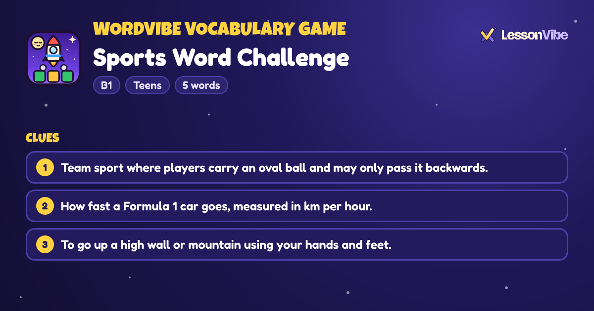 WordVibe Vocabulary Game: Sports Word Challenge (B1, Teens, 5 words)