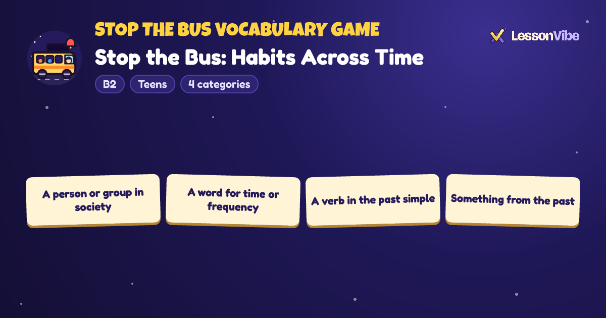 Stop the Bus Vocabulary Game: Stop the Bus: Habits Across Time (B2, Teens, 4 categories)
