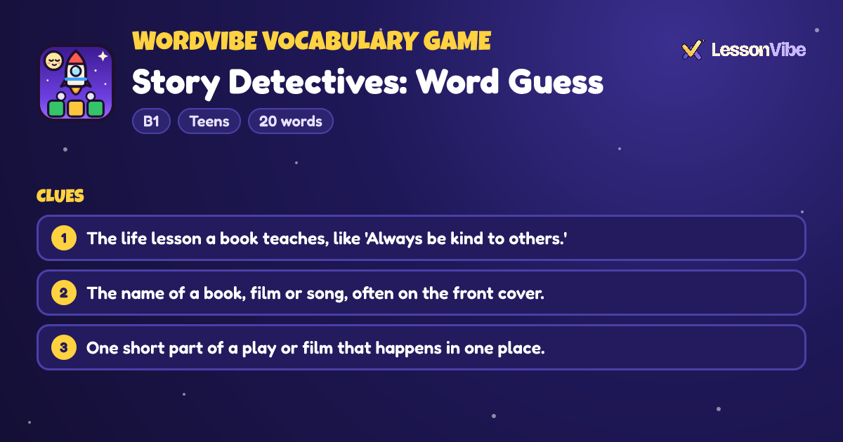 WordVibe Vocabulary Game: Story Detectives: Word Guess (B1, Teens, 20 words)
