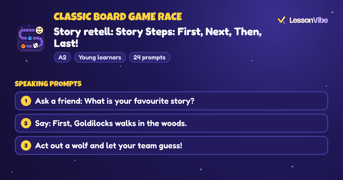 Classic Board Game Race: Story retell: Story Steps: First, Next, Then, Last! (A2, Young learners, 24 prompts)