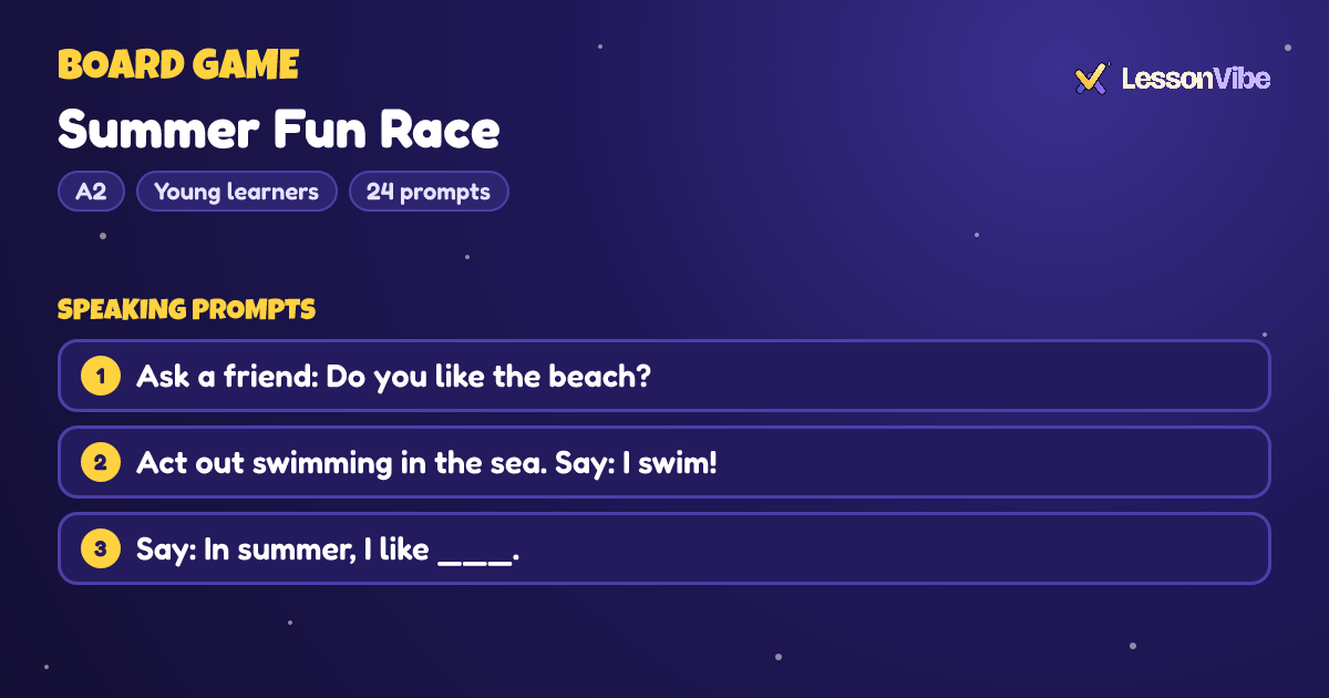 Board Game: Summer Fun Race (A2, Young learners, 24 prompts)
