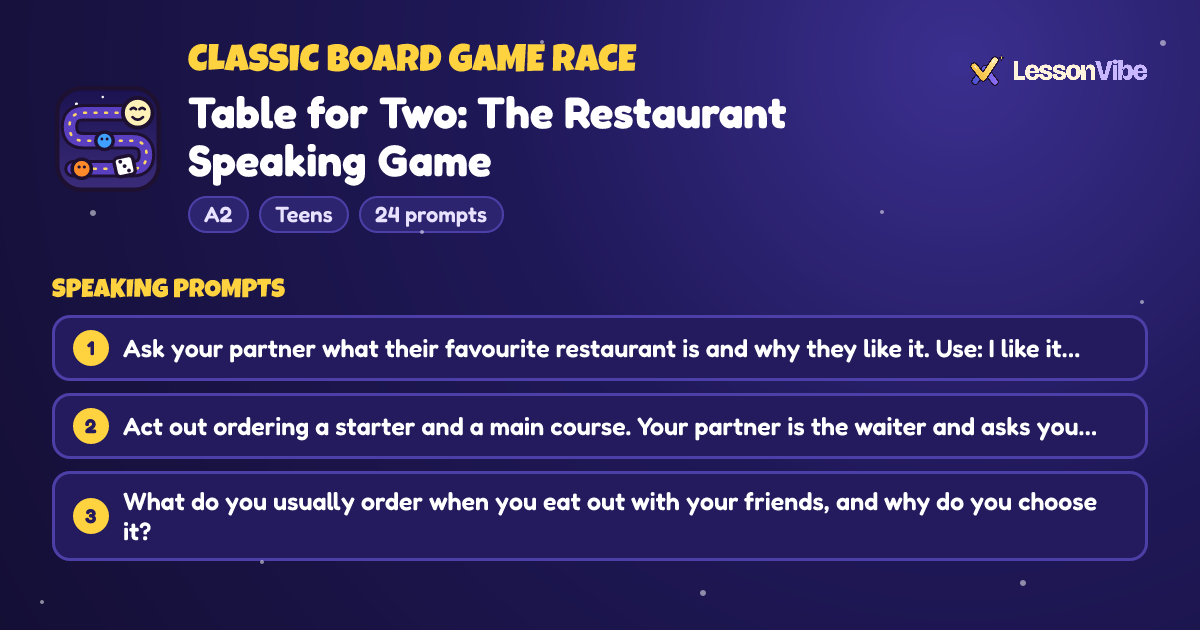 Classic Board Game Race: Table for Two: The Restaurant Speaking Game (A2, Teens, 24 prompts)