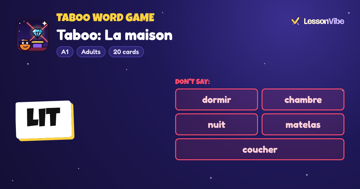 Taboo Word Game: Taboo: La maison (A1, Adults, 20 cards)