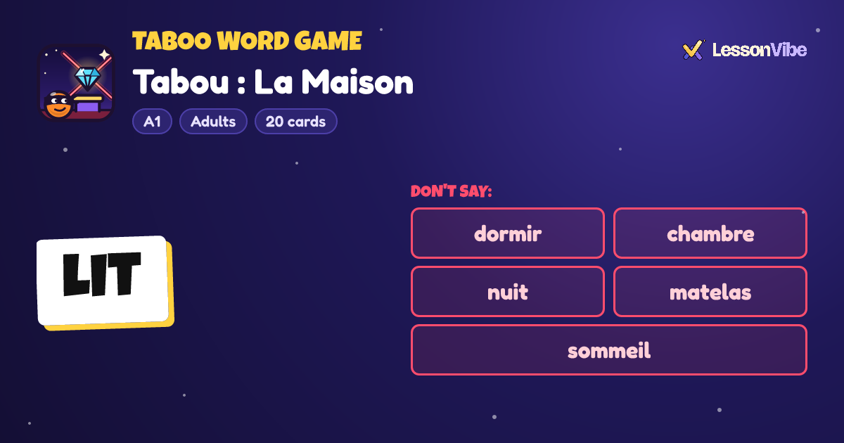 Taboo Word Game: Tabou : La Maison (A1, Adults, 20 cards)