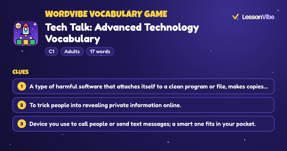 WordVibe Vocabulary Game: Tech Talk: Advanced Technology Vocabulary (C1, Adults, 17 words)