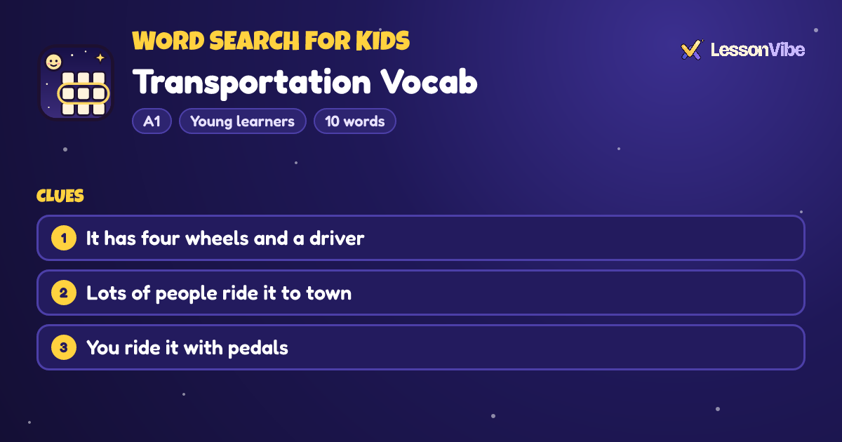 Word Search for Kids: Transportation Vocab (A1, Young learners, 10 words)