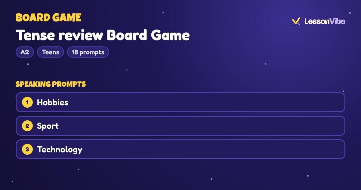 Board Game: Tense review Board Game (A2, Teens, 18 prompts)