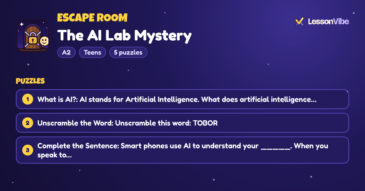 Escape Room: The AI Lab Mystery (A2, Teens, 5 puzzles)