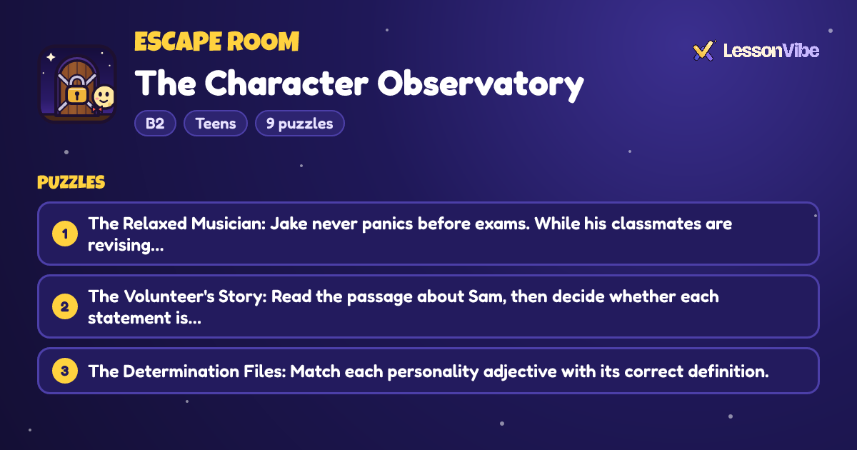 Escape Room: The Character Observatory (B2, Teens, 9 puzzles)