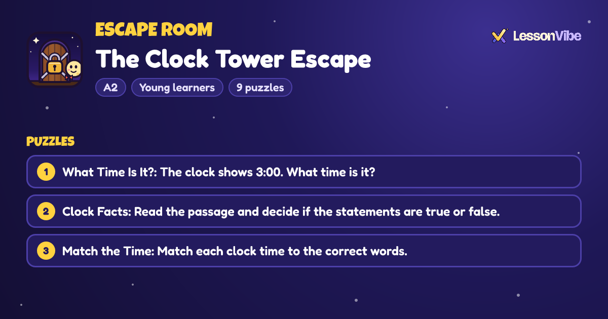 Escape Room: The Clock Tower Escape (A2, Young learners, 9 puzzles)
