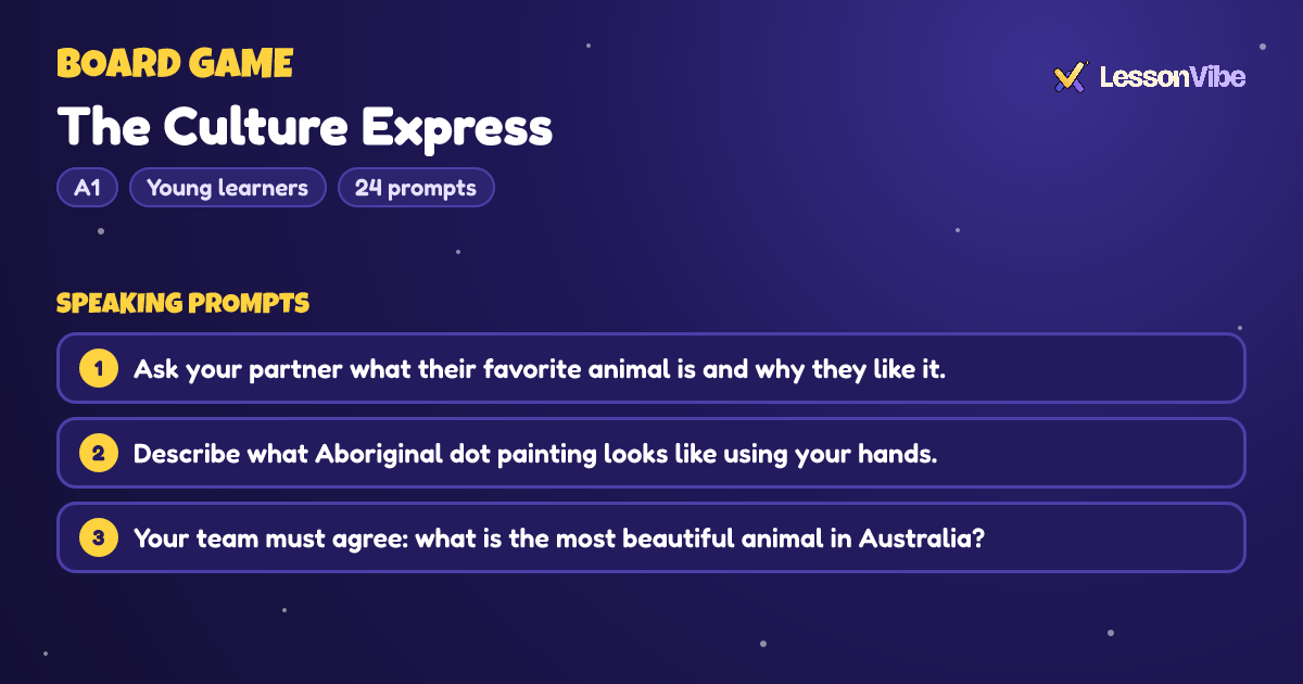 Board Game: The Culture Express (A1, Young learners, 24 prompts)