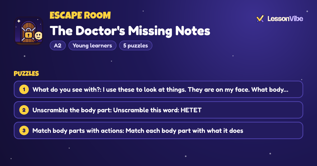 Escape Room: The Doctor's Missing Notes (A2, Young learners, 5 puzzles)