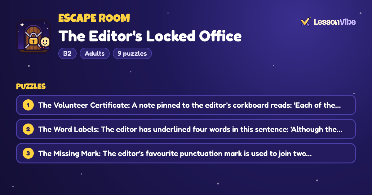 Escape Room: The Editor's Locked Office (B2, Adults, 9 puzzles)