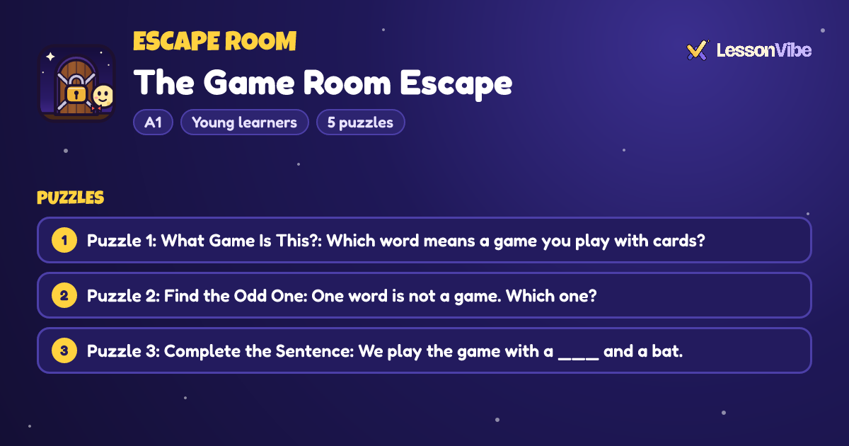 Escape Room: The Game Room Escape (A1, Young learners, 5 puzzles)