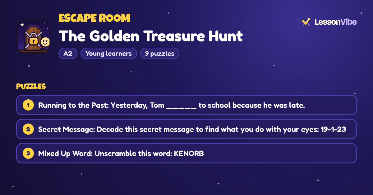 Escape Room: The Golden Treasure Hunt (A2, Young learners, 9 puzzles)