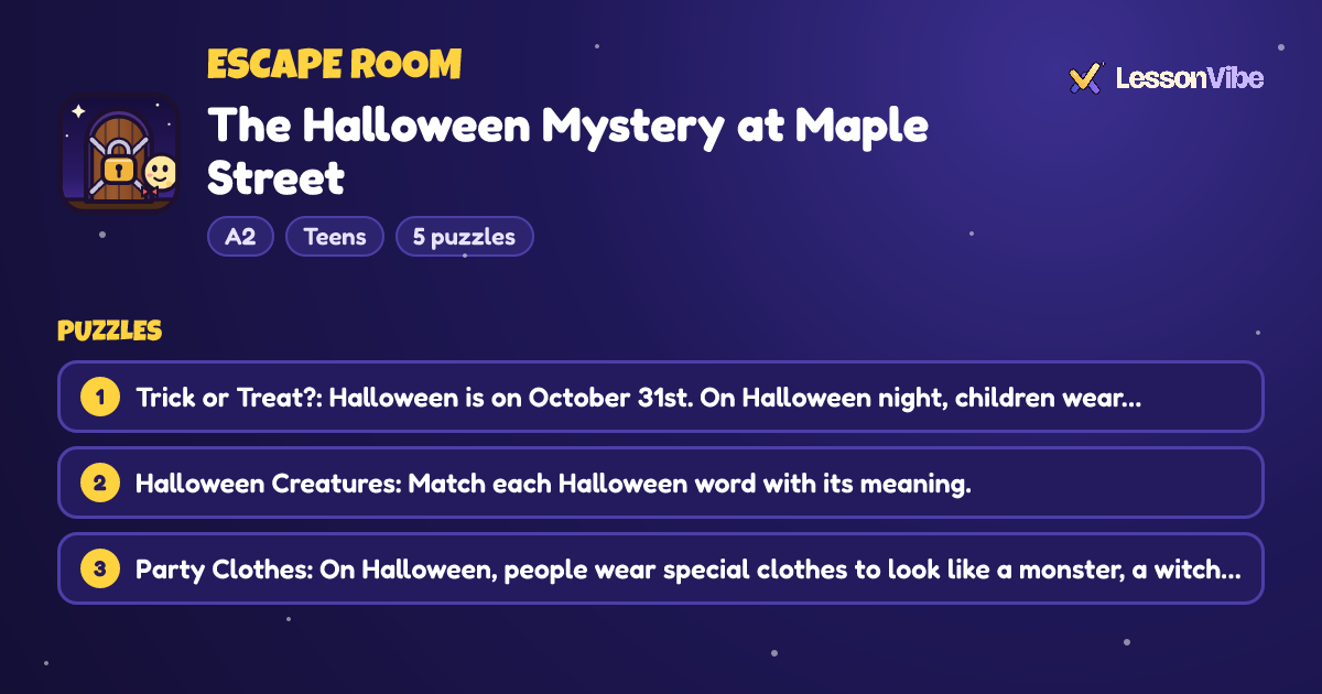 Escape Room: The Halloween Mystery at Maple Street (A2, Teens, 5 puzzles)