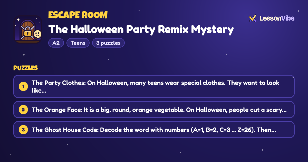 Escape Room: The Halloween Party Remix Mystery (A2, Teens, 3 puzzles)