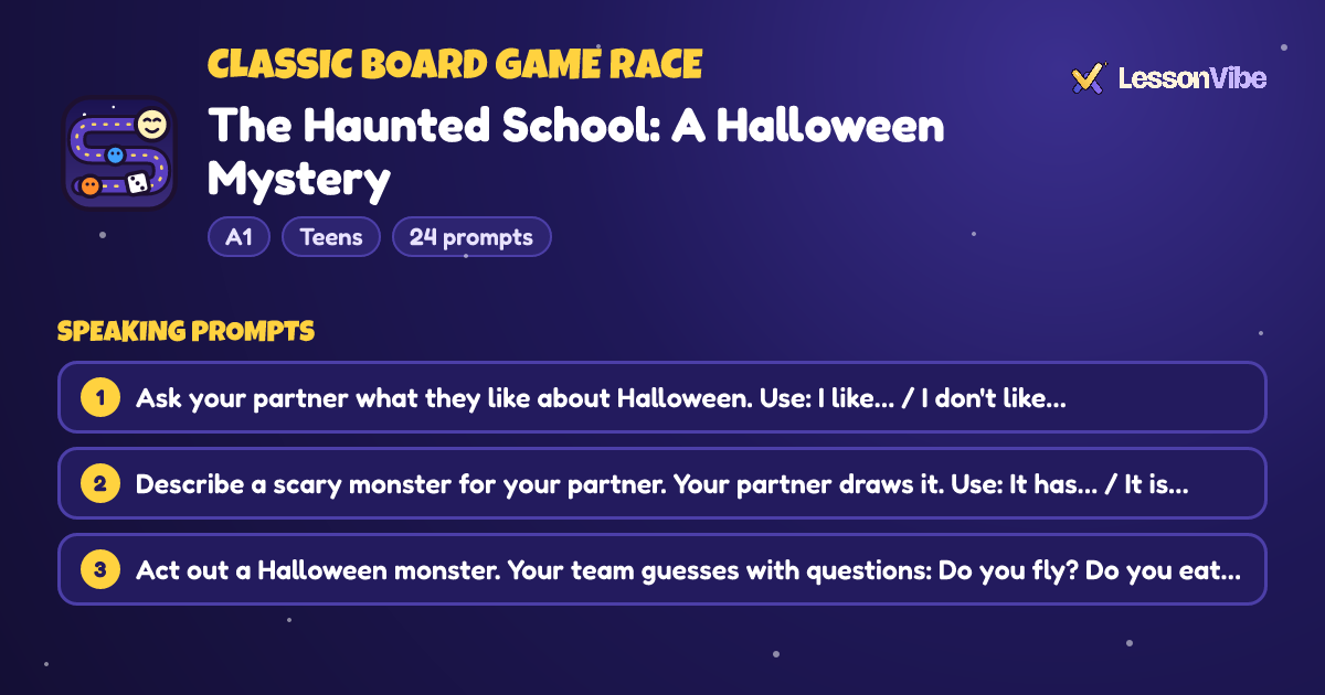 Classic Board Game Race: The Haunted School: A Halloween Mystery (A1, Teens, 24 prompts)