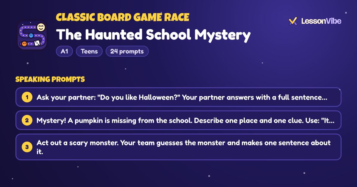Classic Board Game Race: The Haunted School Mystery (A1, Teens, 24 prompts)