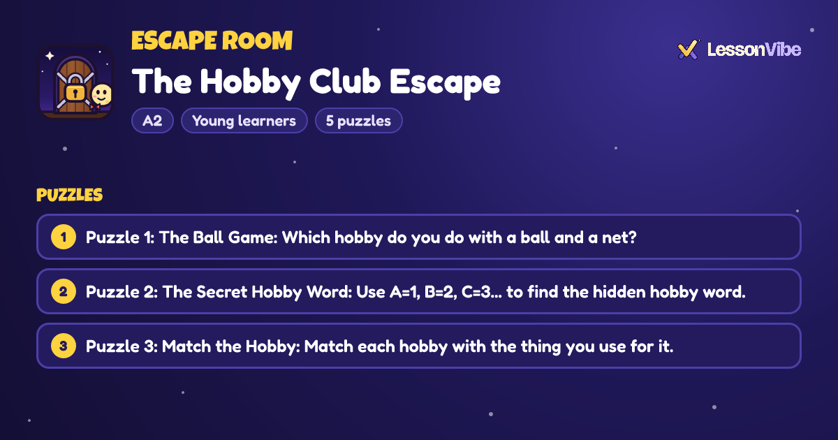 Escape Room: The Hobby Club Escape (A2, Young learners, 5 puzzles)