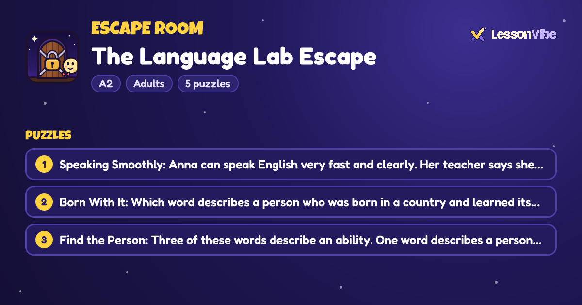 Escape Room: The Language Lab Escape (A2, Adults, 5 puzzles)