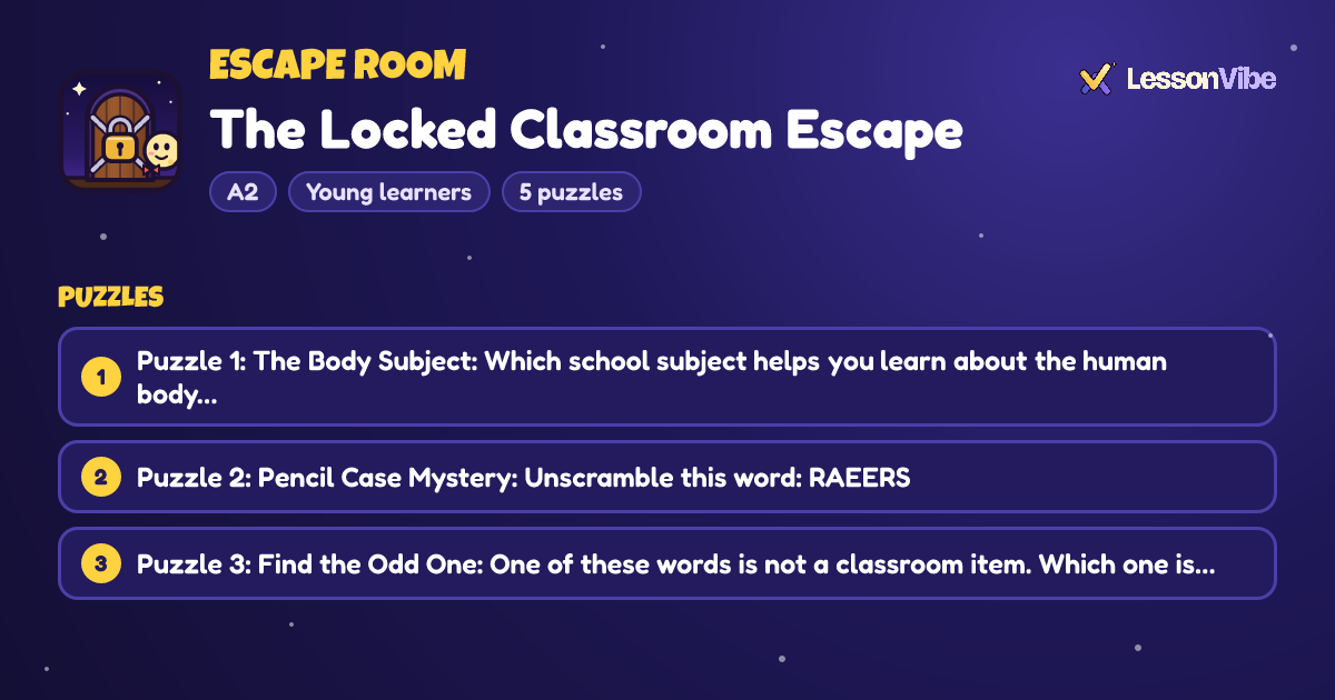 Escape Room: The Locked Classroom Escape (A2, Young learners, 5 puzzles)