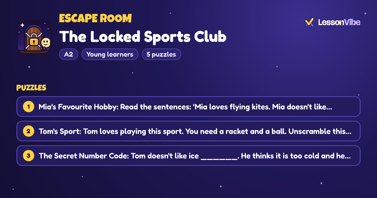 Escape Room: The Locked Sports Club (A2, Young learners, 5 puzzles)