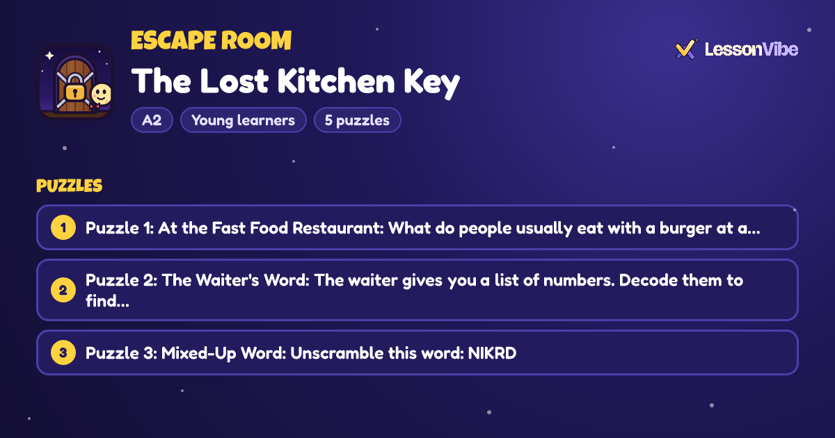 Escape Room: The Lost Kitchen Key (A2, Young learners, 5 puzzles)