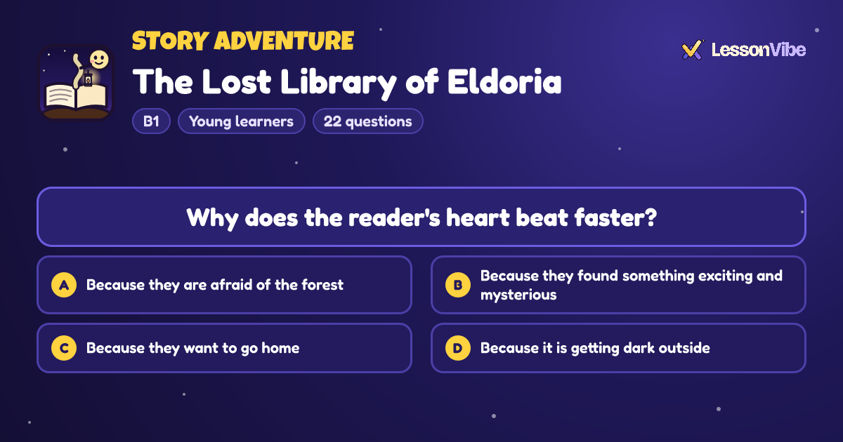 Story Adventure: The Lost Library of Eldoria (B1, Young learners, 22 questions)