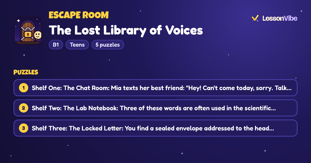 Escape Room: The Lost Library of Voices (B1, Teens, 5 puzzles)