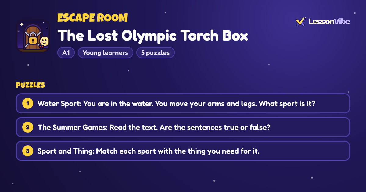 Escape Room: The Lost Olympic Torch Box (A1, Young learners, 5 puzzles)