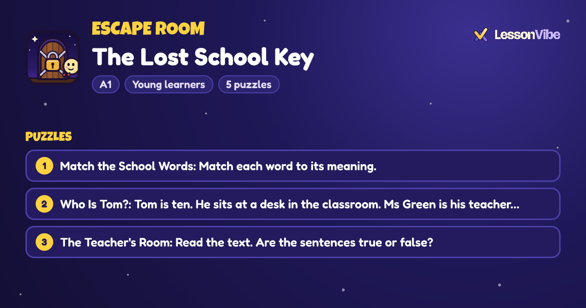 Escape Room: The Lost School Key (A1, Young learners, 5 puzzles)
