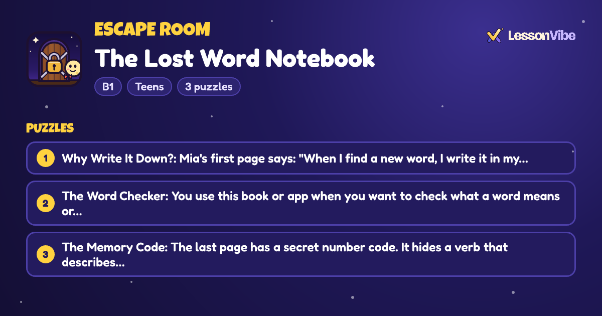 Escape Room: The Lost Word Notebook (B1, Teens, 3 puzzles)