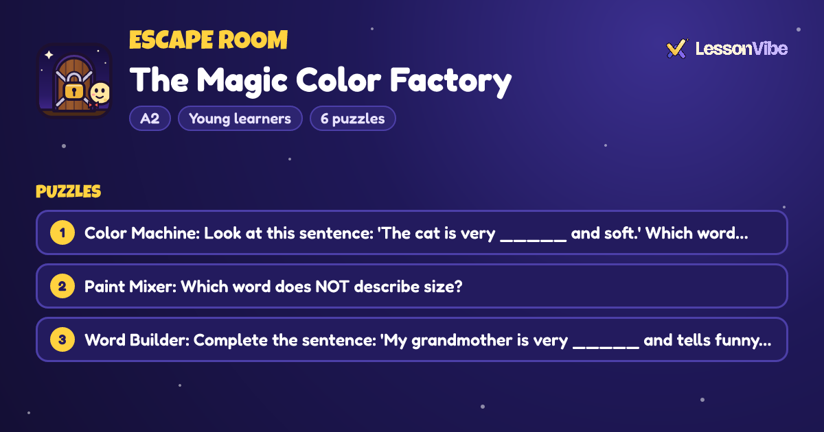 Escape Room: The Magic Color Factory (A2, Young learners, 6 puzzles)