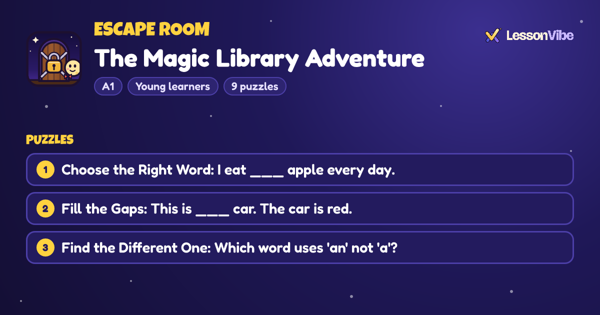 Escape Room: The Magic Library Adventure (A1, Young learners, 9 puzzles)