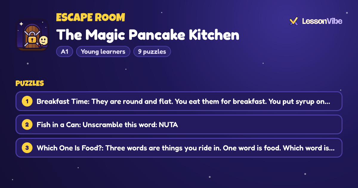 Escape Room: The Magic Pancake Kitchen (A1, Young learners, 9 puzzles)
