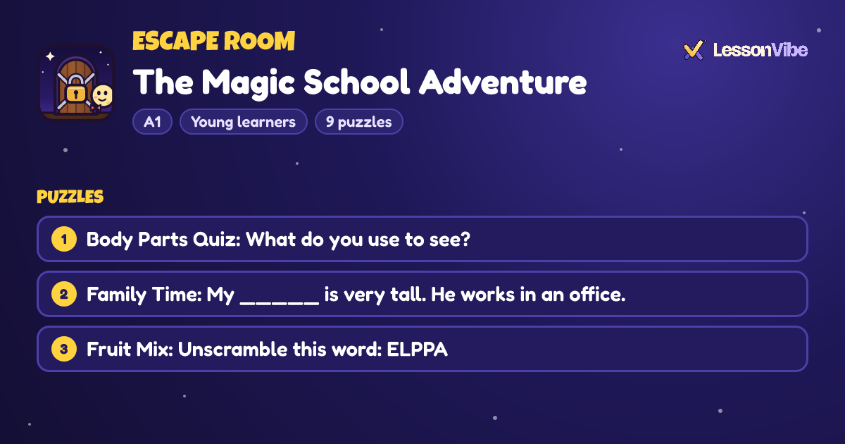 Escape Room: The Magic School Adventure (A1, Young learners, 9 puzzles)