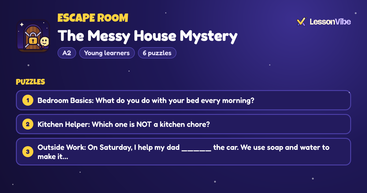 Escape Room: The Messy House Mystery (A2, Young learners, 6 puzzles)