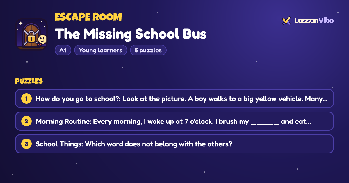 Escape Room: The Missing School Bus (A1, Young learners, 5 puzzles)