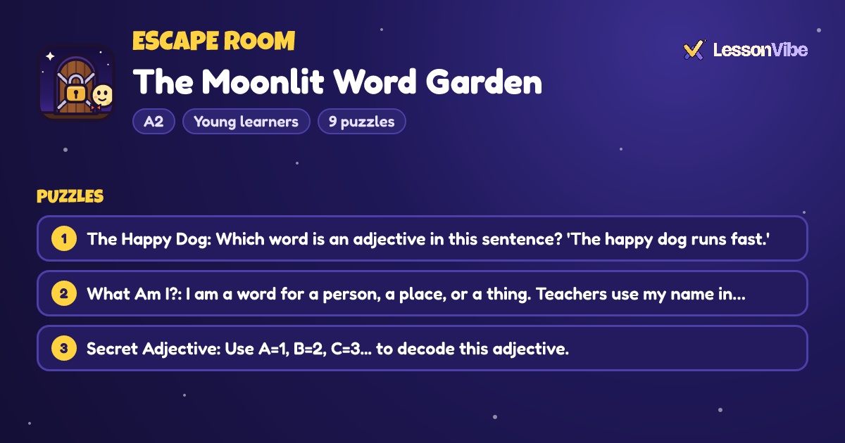 Escape Room: The Moonlit Word Garden (A2, Young learners, 9 puzzles)