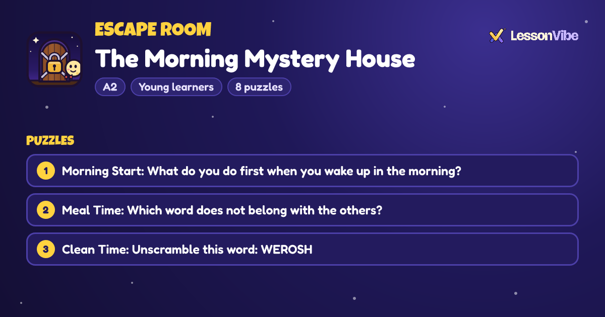 Escape Room: The Morning Mystery House (A2, Young learners, 8 puzzles)