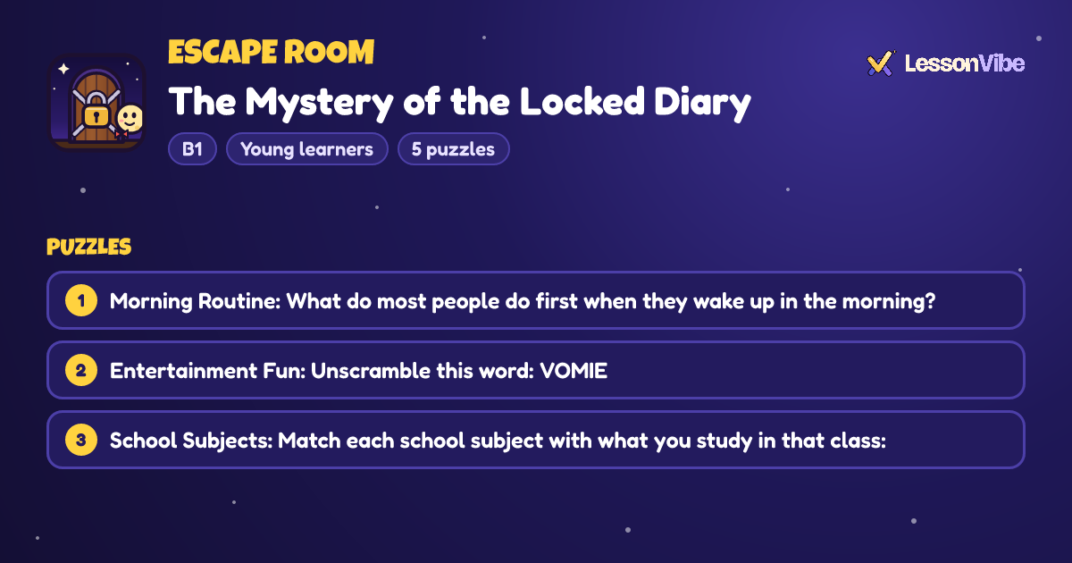 Escape Room: The Mystery of the Locked Diary (B1, Young learners, 5 puzzles)