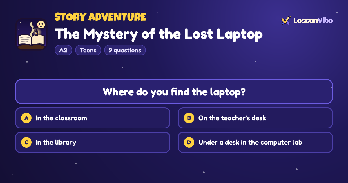 Story Adventure: The Mystery of the Lost Laptop (A2, Teens, 9 questions)