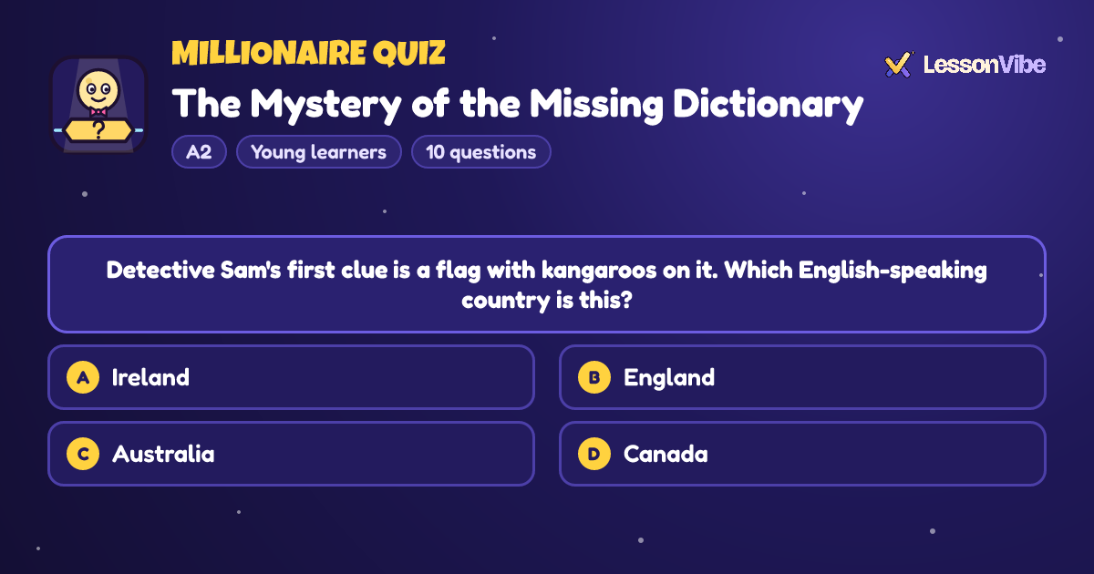 Millionaire Quiz: The Mystery of the Missing Dictionary (A2, Young learners, 10 questions)