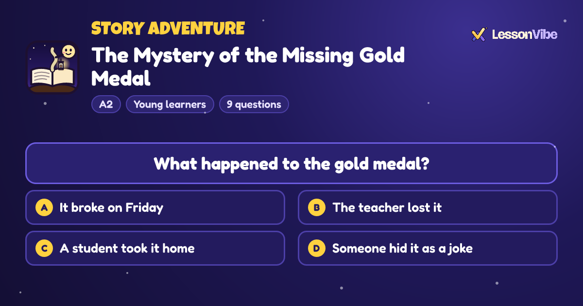 Story Adventure: The Mystery of the Missing Gold Medal (A2, Young learners, 9 questions)